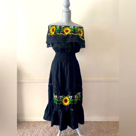 Source Unknown Dresses | Beautifulsunflowersblack Mexican Embroidered Off Shoulder Midi Dress New | Color: Black/Yellow | Size: One Size Fits Most | Source Unknown Dresses | Beautifulsunflowersblack Mexican Embroidered Off Shoulder Midi Dress New | Color: Black/Yellow | Size: One Size Fits Most |